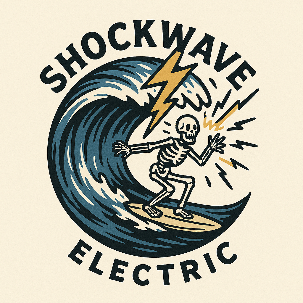 Shockwave Electric logo — a skeleton surfing a wave with lightning bolts